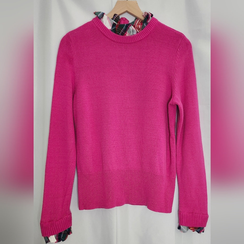 Crown & Ivy Sweater Women's Size Large Pink Knit Plaid Ruffle Holiday Preppy